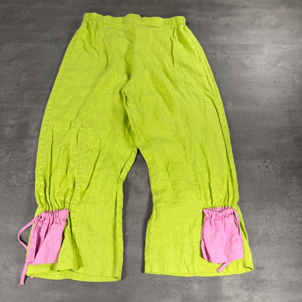 Heydari Linen Pants Womens Medium Lime Green Pink Pockets Cropped Lagenlook USA